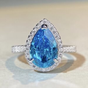 925 Silver Radiant Cut 8x12mm Pear Blue CZ Ring