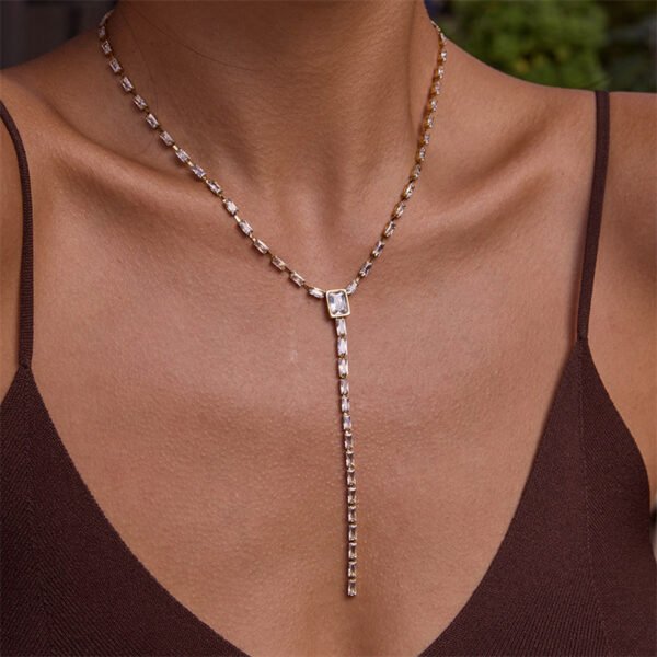 Stainless Steel Square Cubic Zirconia Y Shaped Necklace