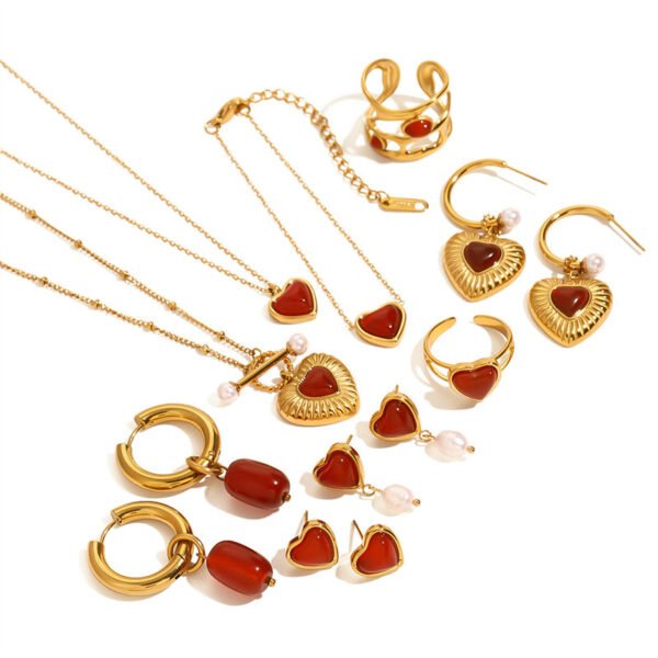 Stainless Steel Red Agate Necklace Ring Earrings Bracelet Jewelry Set