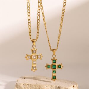 Stainless Steel Emerald Cross Cubic Zirconia Necklace