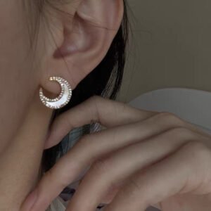 Brass Pearl Shell Moon Stud Earrings