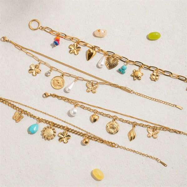Stainless Steel Pearl Butterfly Sunflower Heart Charms Bracelet