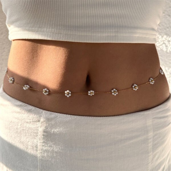 Stainless Steel Pearl Flower Necklace Bracelet Anklet Waist Chain Set