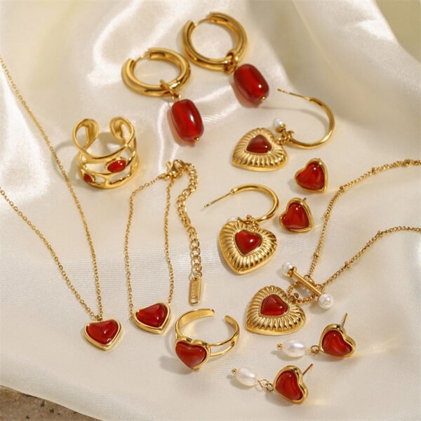 Stainless Steel Red Agate Necklace Ring Earrings Bracelet Jewelry Set
