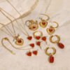Stainless Steel Red Agate Necklace Ring Earrings Bracelet Jewelry Set