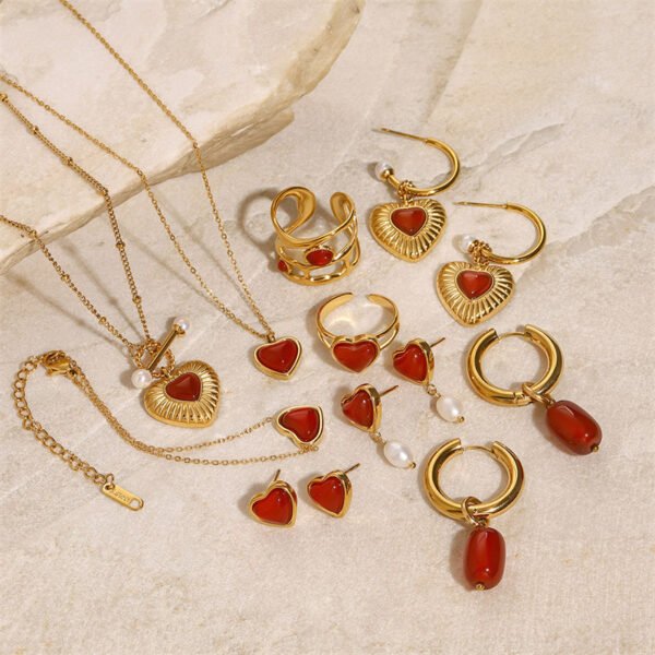 Stainless Steel Red Agate Necklace Ring Earrings Bracelet Jewelry Set