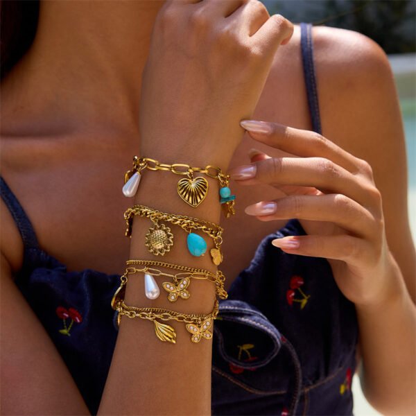 Stainless Steel Pearl Butterfly Sunflower Heart Charms Bracelet