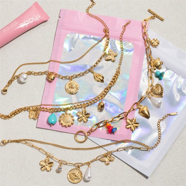 Stainless Steel Pearl Butterfly Sunflower Heart Charms Bracelet