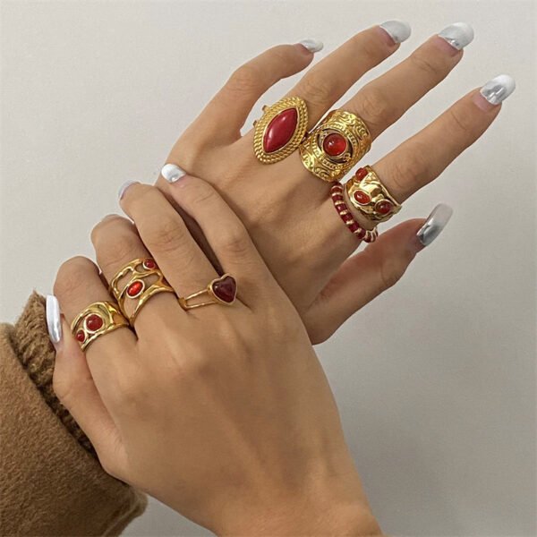 Stainless Steel Red Agate Necklace Ring Earrings Bracelet Jewelry Set