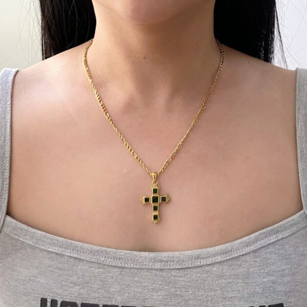 Stainless Steel Emerald Cubic Zirconia Cross Necklace