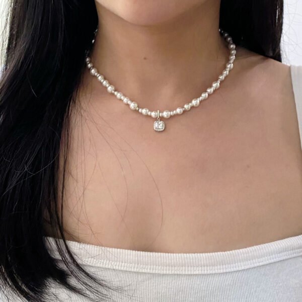 925 Silver Square Pendant Pearl Necklace