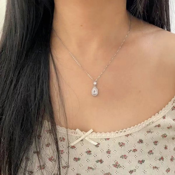 925 Silver Round and Pear CZ Dainty Necklace