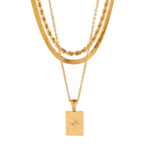 Stainless Steel Square Pendant 3 Layer Necklace